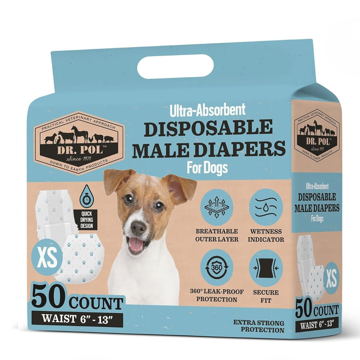 Dr Pol Size Xs Male Dog Diapers 50Ct Waist Sz 6"- 13"