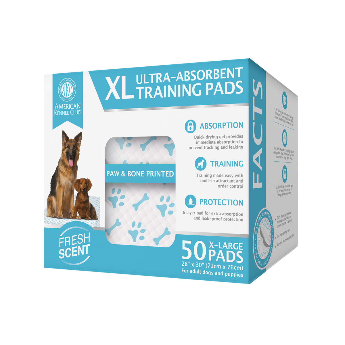 Akc 50 Ct 30" X 28" Xl Fresh Scented Training Pads In Box Paw And Bone Print Blue