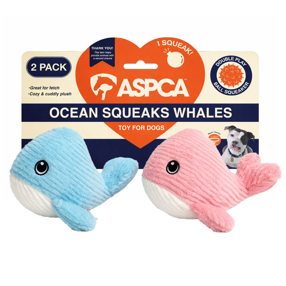 Aspca 2Pk Whale Plush W/ Spiked Ball Squeaker Dog Toy