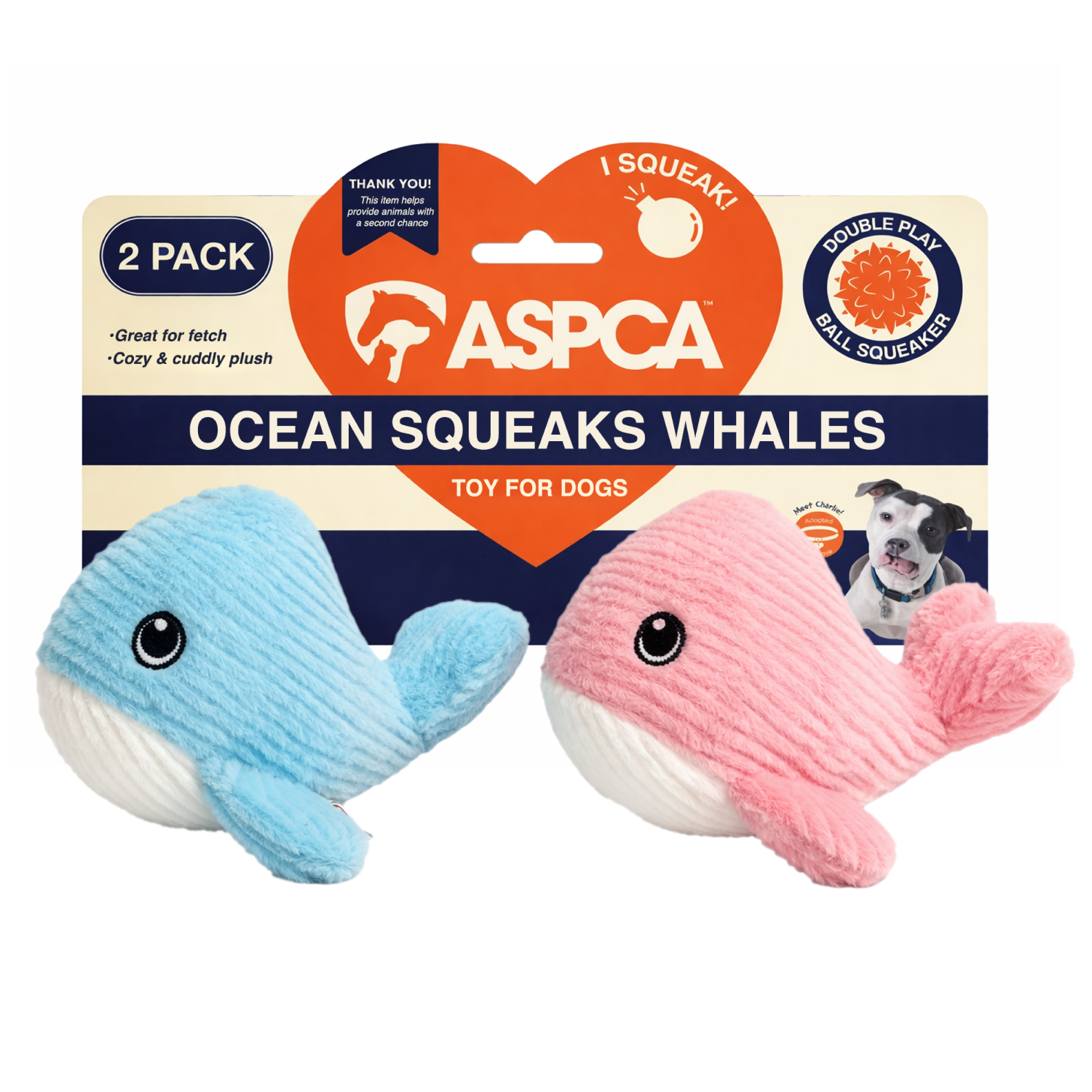 Aspca 2Pk Whale Plush W/ Spiked Ball Squeaker Dog Toy