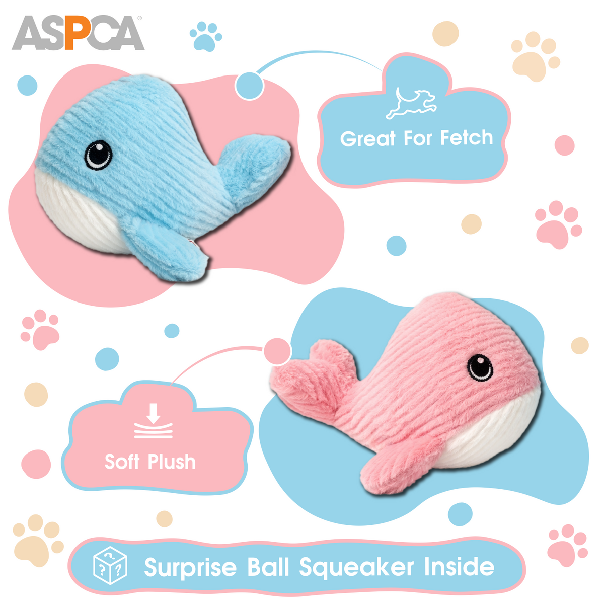 Aspca 2Pk Whale Plush W/ Spiked Ball Squeaker Dog Toy