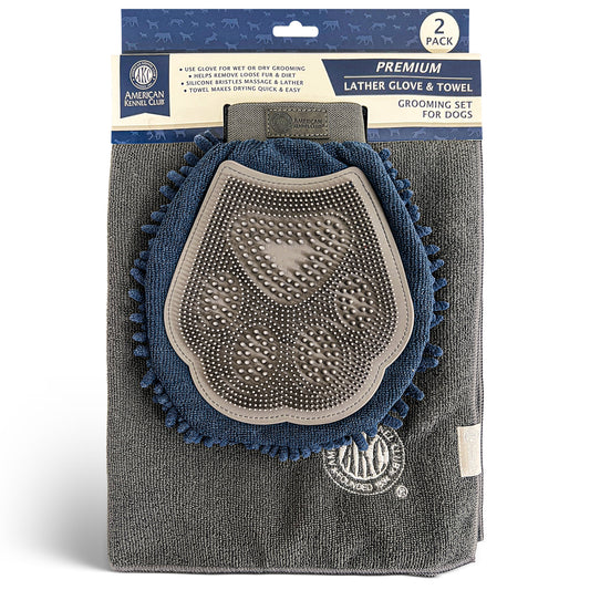 Akc 2 Pk Set Grooming Glove Reversed To Chenille And Towel