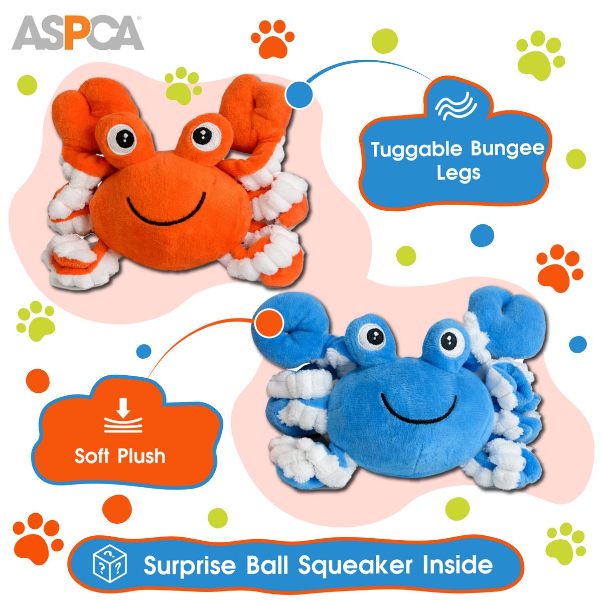 Aspca 2Pk Plush Crab With Squiggly Legs Spike Ball Squeaker Dog Toy