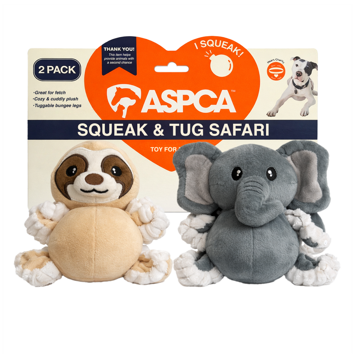 Aspca 2Pk Plush Sloth And Elephant With Squiggly Legs Spike Ball Squeaker Dog Toy
