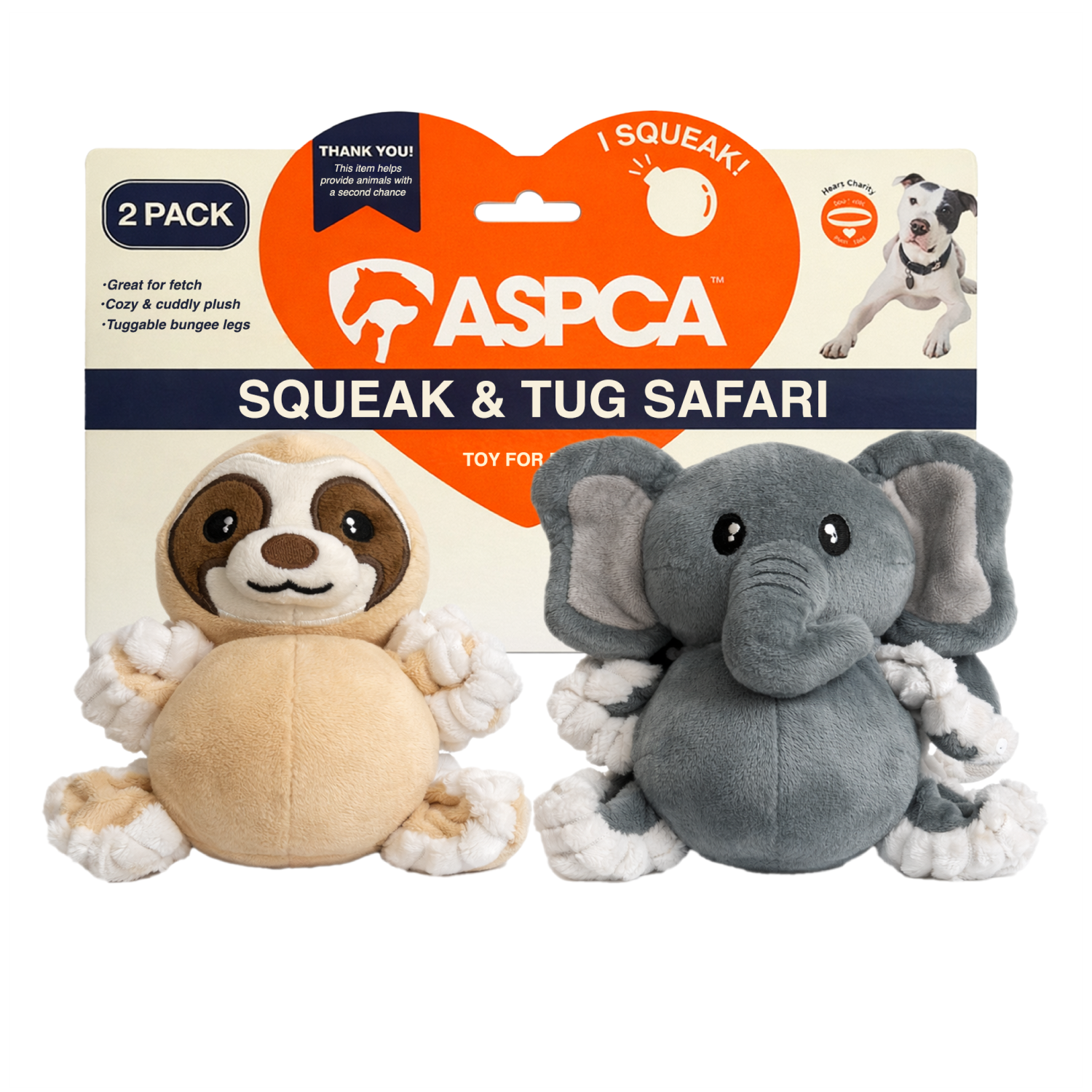 Aspca 2Pk Plush Sloth And Elephant With Squiggly Legs Spike Ball Squeaker Dog Toy