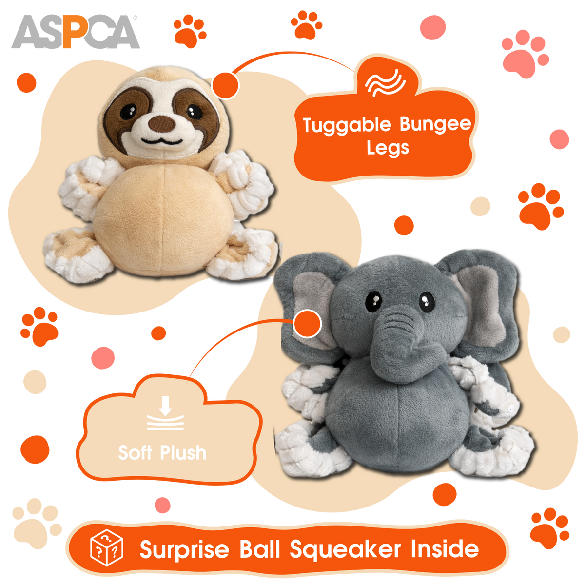 Aspca 2Pk Plush Sloth And Elephant With Squiggly Legs Spike Ball Squeaker Dog Toy
