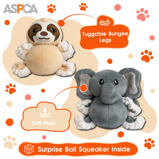 Aspca 2Pk Plush Sloth And Elephant With Squiggly Legs Spike Ball Squeaker Dog Toy