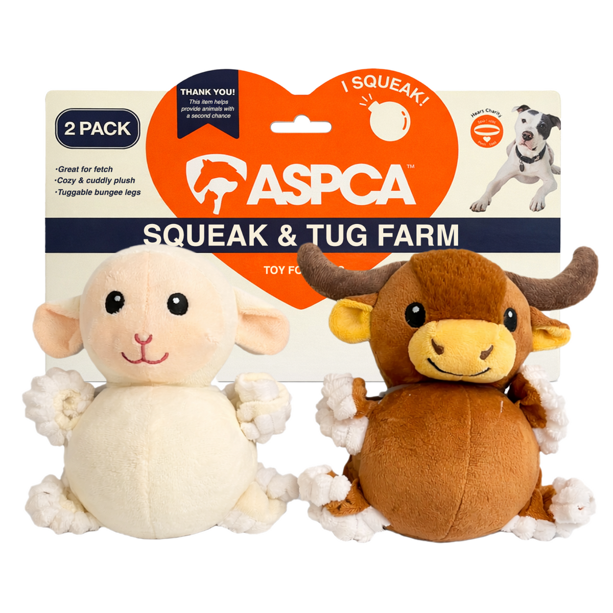 Aspca 2Pk Plush Lamb And Highland Cow With Squiggly Legs Spike Ball Squeaker Dog Toy