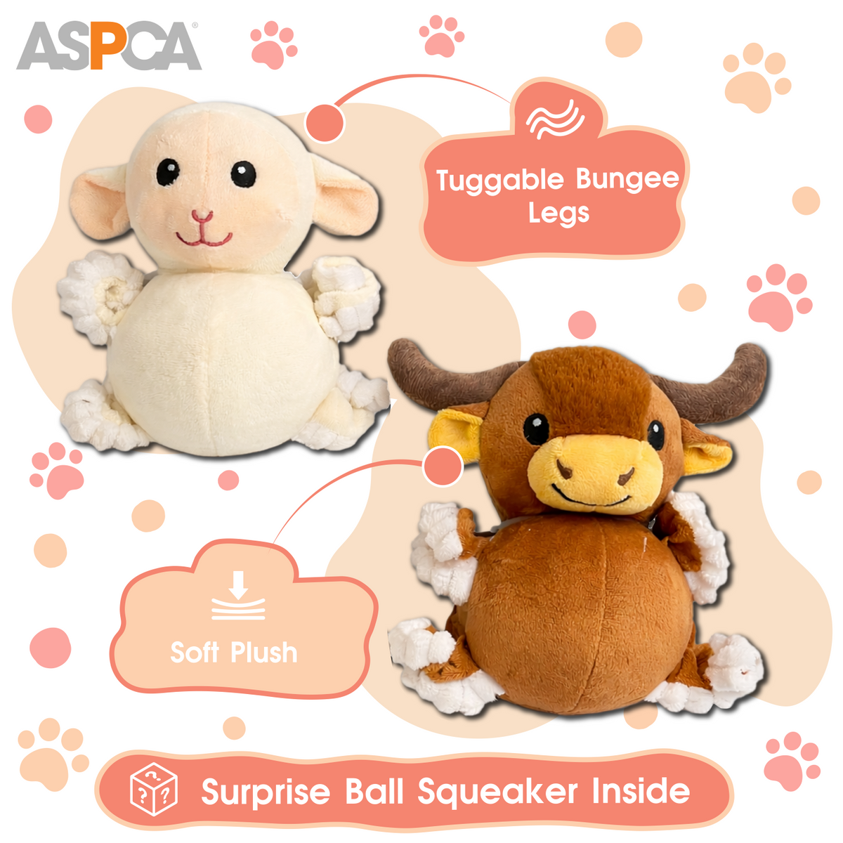 Aspca 2Pk Plush Lamb And Highland Cow With Squiggly Legs Spike Ball Squeaker Dog Toy